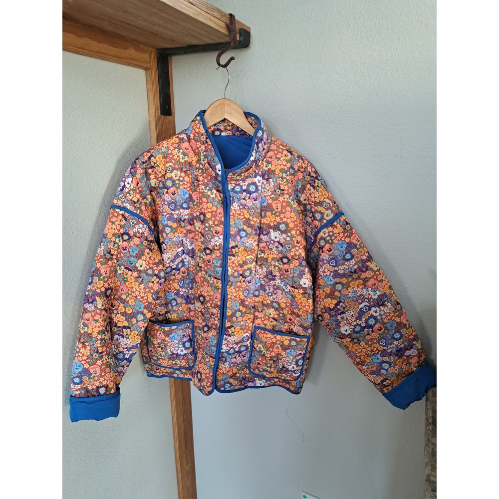 Floral Quilted Puffer Jacket Multicolor Pansy Print Snap Front Blue Trim, XL